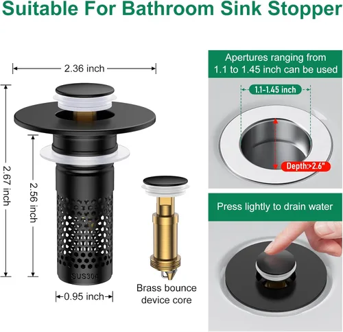 Vista 2 de Colador de drenaje para lavabo de baño, tapón universal para fregadero Negro