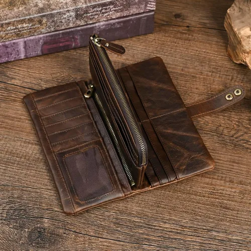 Vista 6 de Genuino Caballo Loco Cuero Regalo de Viaje Moneda Bolsillo Tarjetero Organizador Largo Cadena Rfid Cartera Monedero Con Broche Para Hombres Hombres
