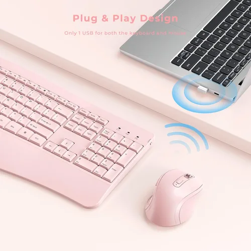 Vista 6 de Teclado y mouse inalámbricos, teclado ergonómico de tamaño completo con reposamuñecas de palma, mouse ergonómico inalámbrico para computadoras