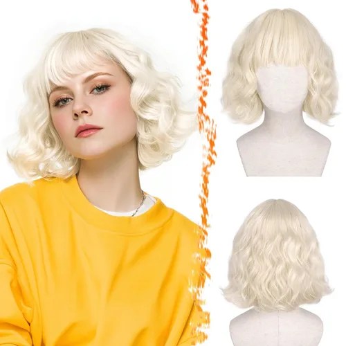 Vista 26 de BARSDAR Peluca corta ondulada con reflejos castaño, peluca corta ondulada con flequillo para mujer, gruesa, suave, sintética, texturizada, rizada