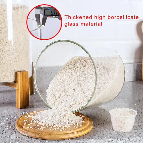 Vista 3 de Dispensador de arroz de vidrio de 5 L, dispensador de cereales, dispensador de granos/recipiente de almacenamiento de alimentos para organización