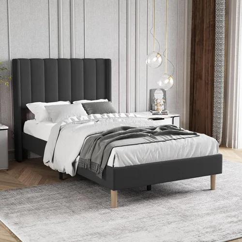 Vista 25 de Base de cama tapizada de tamaño individual con cabecero, listones de madera fuertes, no necesita somier, fácil montaje, terciopelo beige