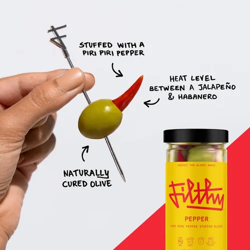 Vista 4 de Aceitunas rellenas de pimiento Filthy Pepper, guarnición premium para cócteles, aceitunas rellenas de pimiento Piri Piri, sin OMG, sin gluten