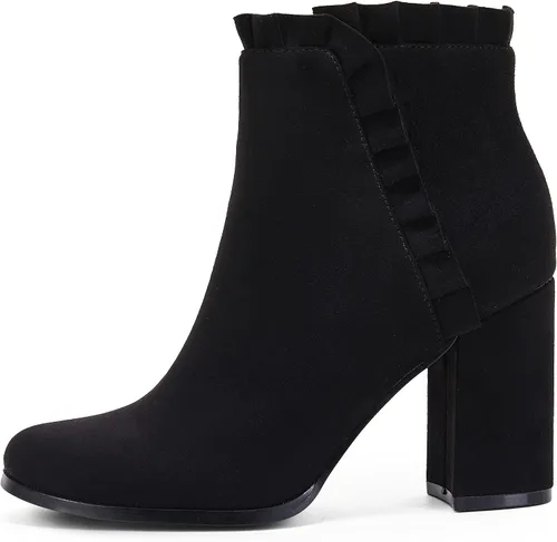 Vista 2 de Ermonn Botines de tacón grueso para mujer, de gamuza sintética, con volantes, para otoño e invierno