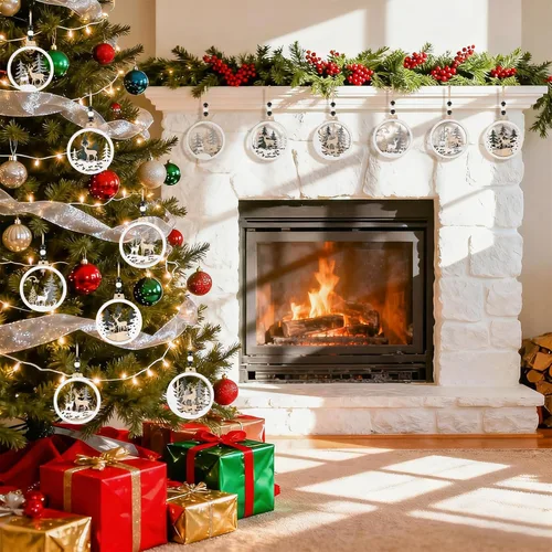 Vista 5 de 6 adornos de Navidad de madera con purpurina para árbol de madera de invierno del país de las maravillas, decoraciones colgantes de Feliz Navidad