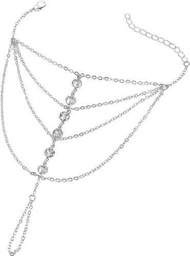 Vista 12 de Suyi Pulsera de anillo de dedo, arnés de mano, pulsera de cadena de diamantes de imitación, regalos para mujeres 2 piezas oro