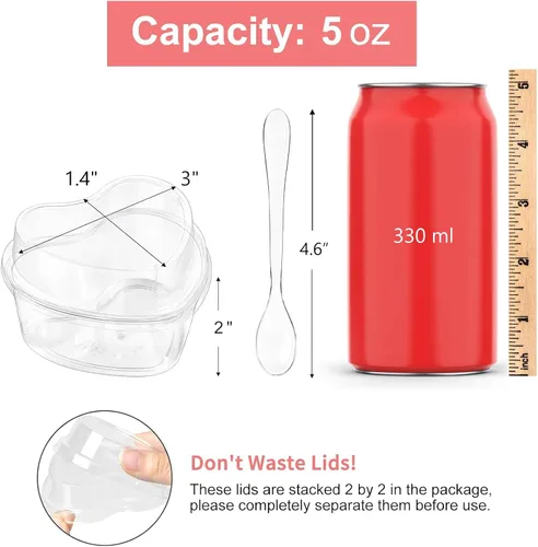 Vista 2 de Paquete de 50 tazas de postre en forma de corazón de 5 onzas con tapas y cucharas, mini tazas de postre para servir en fiestas, parfait, queso