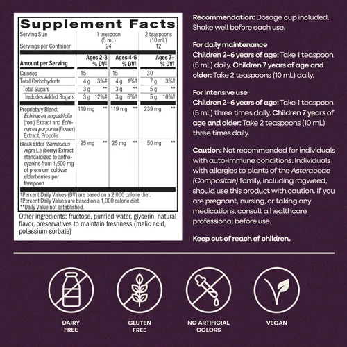 Vista 7 de Nature's Way Sambucus - Jarabe inmunológico de saúco para niños con equinácea y propóleos, apoyo inmunológico*, sabor a bayas, 4 onzas líquidas