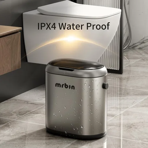 Vista 8 de MRBIN Cubo de basura de metal de absorción automática para baño, cubo de basura sin contacto con tapa, bote de basura delgado de 3.2 galones