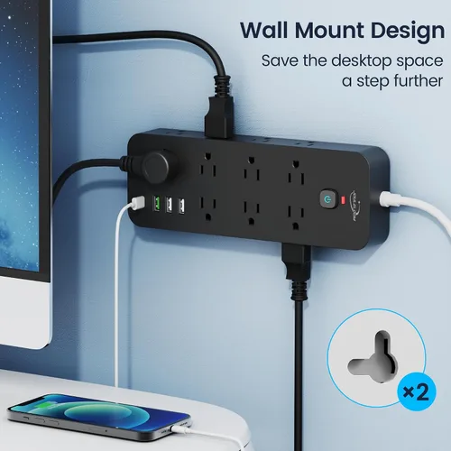 Vista 4 de Regleta de protección contra sobretensiones con puertos USB, 14 salidas de CA con 4 puertos USB (1 USB C), cable de 5 pies con múltiples tomas, 1875