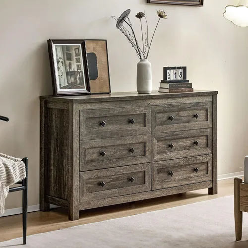 Vista 11 de VanAcc - Cómoda de granja de 5 cajones, cómoda para dormitorio, color gris Cómoda de madera natural de 47 pulgadas de alto, amplio almacenamiento