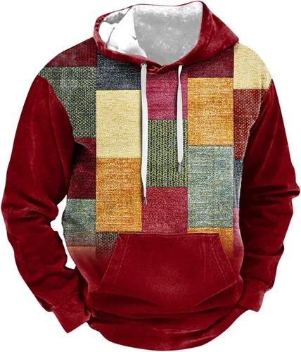 Vista 3 de Sudaderas con capucha para hombre, diseño de retazos a cuadros, casual, manga larga, con cordón de bolsillo