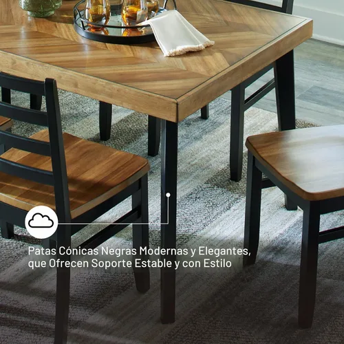 Vista 4 de Signature Design por Ashley Blondon - Juego de mesa de comedor rectangular con 6 sillas, patrón de chevron, patas cónicas, capacidad para 6 Negro