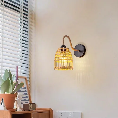 Vista 3 de Aplique de pared de ratán hecho a mano, lámpara de mimbre estilo granja, luz vintage, retro, negro, E26 E27, accesorio de iluminación para sala