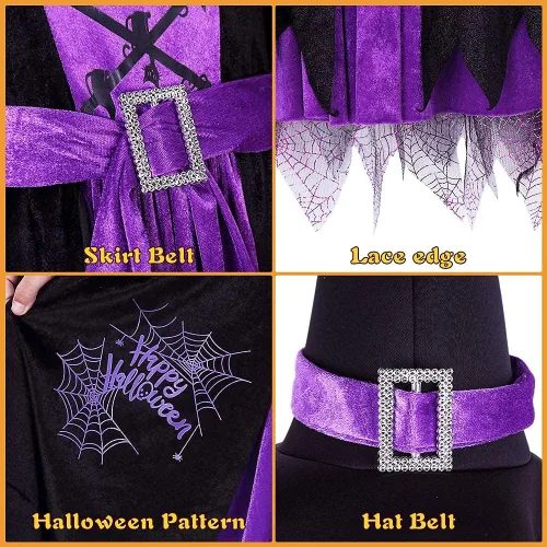 Vista 5 de Disfraz de bruja para niñas, fiesta de Halloween, conjunto de lujo con falda de sombrero para niñas