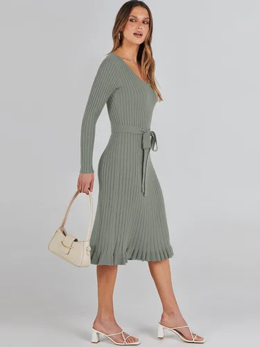 Vista 8 de ANRABESS Vestido tipo suéter de manga larga con cuello en V para mujer, plisado, ajustado, acanalado, de punto, con cinturón