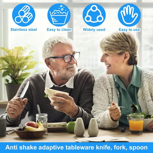 Vista 2 de Juego de utensilios adaptativos, suministros especiales pesados, utensilios de Parkinson, agarre débil y ayudas para discapacitados y Parkinson