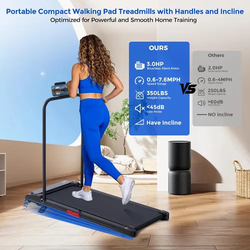 Vista 6 de Compact Treadmills for Home, 3.0HP Portable Walking Pad Treadmill with Incline, 0.6-7.6MPH Electric Walking Pad Treadmill with Handle Bar, Mini