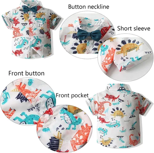 Vista 3 de Conjunto de ropa casual para niño estampado beige camisa abotonada manga corta pantalones blancos