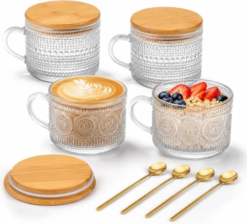 Vista 10 de Semderm Juego de 2 tazas de café de vidrio vintage, recipientes para avena nocturna con tapas de bambú y cucharas - Tazas de té transparentes de 14
