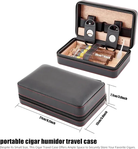 Vista 7 de Estuche para puros, humidificador de viaje, paquete de 4 fundas de cuero de cedro negro con cortador de puros, humidificador, cenicero y toalla