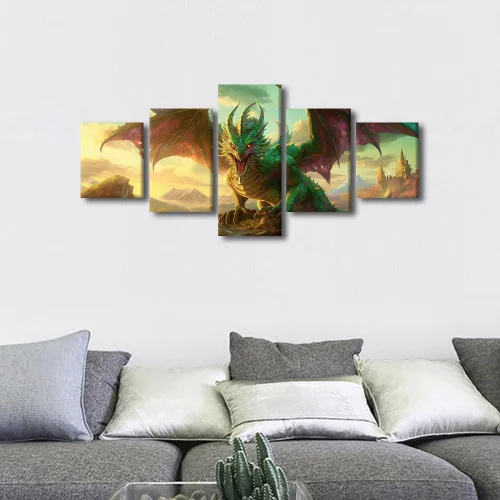Vista 3 de Lienzo decorativo para pared de sala de estar, lienzo de dragón, 5 paneles, dragón verde, decoración de pared para el hogar, decoración de pared