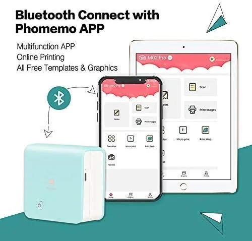 Vista 5 de Phomemo M02 Pro Mini impresora Bluetooth - Impresora fotográfica de bolsillo con 3 rollos de papel adhesivo transparente, compatible con iOS +