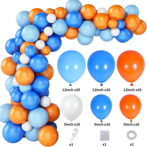 Vista 2 de Kit de arco de guirnalda de globos, kit de arco de globos azul y naranja y blanco, guirnalda de globos, globos de látex para decoración