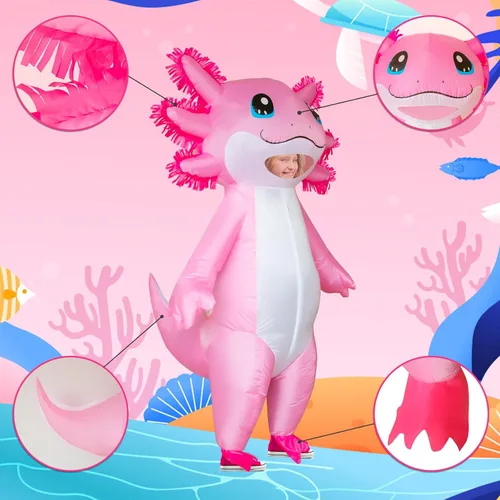 Vista 5 de Stegosaurus Disfraz inflable de ajolote para niños, disfraz de Halloween para niños, disfraz rosa de lujo para niñas y niños, fiesta de cosplay