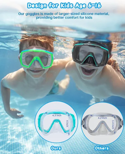 Vista 4 de Freela Gafas de natación para niños con cubierta de nariz para 6 a 16 años, paquete de 2 máscaras de natación de visión amplia, antiniebla, sin