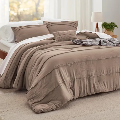 Vista 26 de Bedsure - Juego de edredón individual de 3 piezas, beige bohemio, plisado