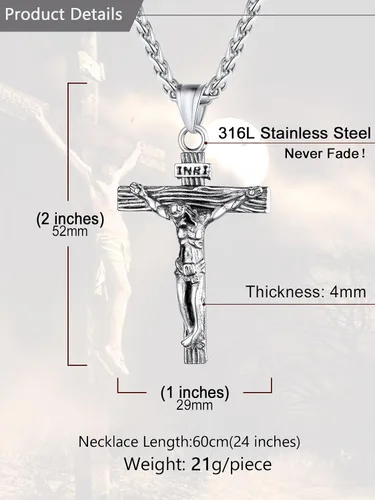 Vista 6 de U7 Colgante de cruz de crucifijo para hombre con cadena de bautismo, joyería cristiana, acero inoxidable, oro de 18 quilates, collar antiguo