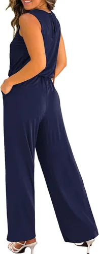 Vista 2 de Mokayee Sumemr - Overol de pierna larga y ancha para mujer, sin mangas, cuello redondo, con bolsillos