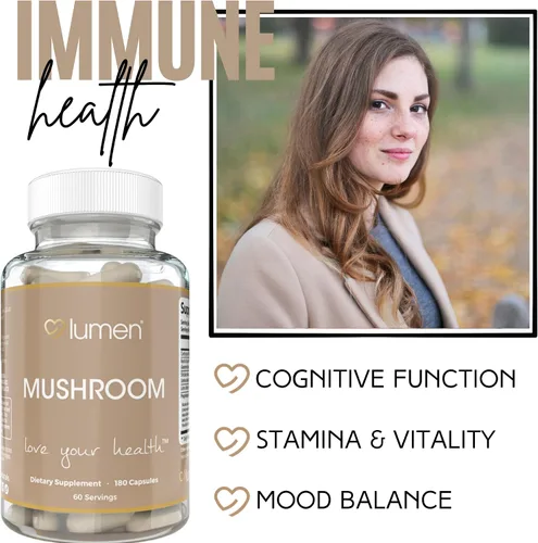 Vista 3 de Lumen Naturals Complejo de hongos para mujeres, con melena de león de 2000 mg por porción, 180 cápsulas vegetarianas, 60 porciones, fórmula sin OMG