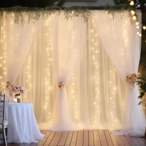 Vista 21 de Cortina de telón de fondo de tul negro de 10 x 10 pies con cadena de luces para fiestas, cortinas de fondo de fotos transparentes para bodas