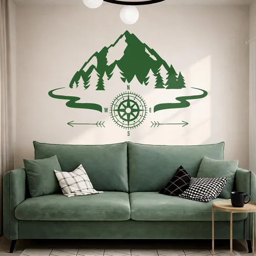 Vista 4 de Vinilo grande para pared, diseño de montañas, brújula, camping, bosque, campamento, decoración artística (ig5651)