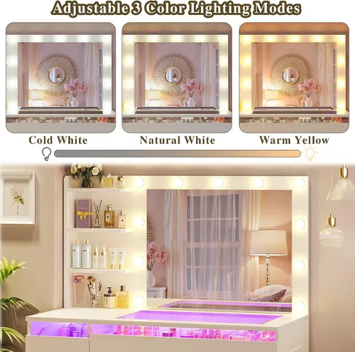 Vista 4 de Escritorio de tocador con espejo iluminado y parte superior transparente, escritorio de tocador de maquillaje con 4 cajones transparentes e
