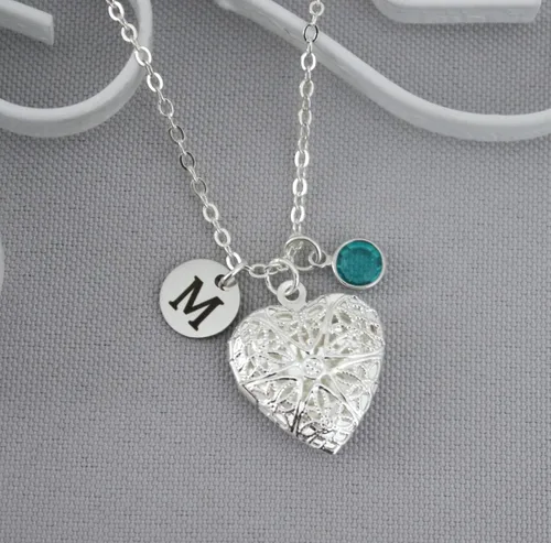 Vista 7 de Madie's Charms Heart Picture Locket - Personalized Locket Necklace - Initial Necklace - Heart Locket - Silver - Custom - Birthstone Necklace