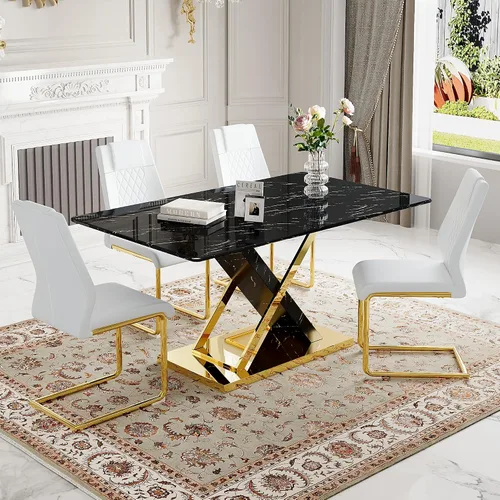 Vista 30 de Juego de mesa de comedor de mármol para mesa rectangular blanca de 6.63 pulgadas con marco de metal plateado en forma de X y 6 sillas de comedor