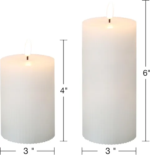 Vista 2 de Velas de pilar sin llama acanaladas blancas con control remoto, velas LED parpadeantes de cera que funcionan con pilas, juego de 2