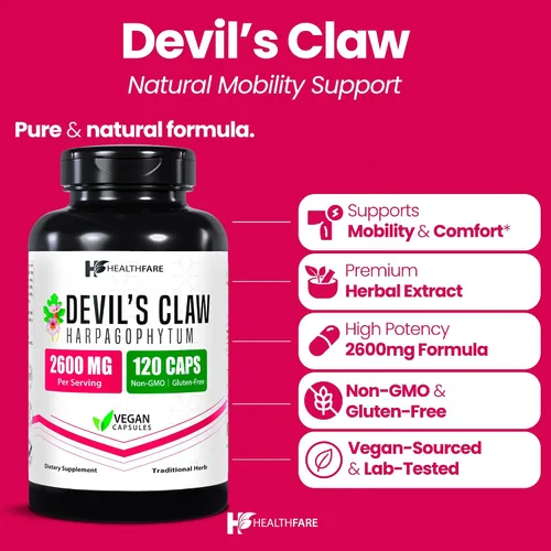 Vista 2 de Healthfare Devils Claw Root Suplemento de hierbas de 2600 mg 120 cápsulas veganas Extracto de raíz concentrado para apoyo articular Sin OMG
