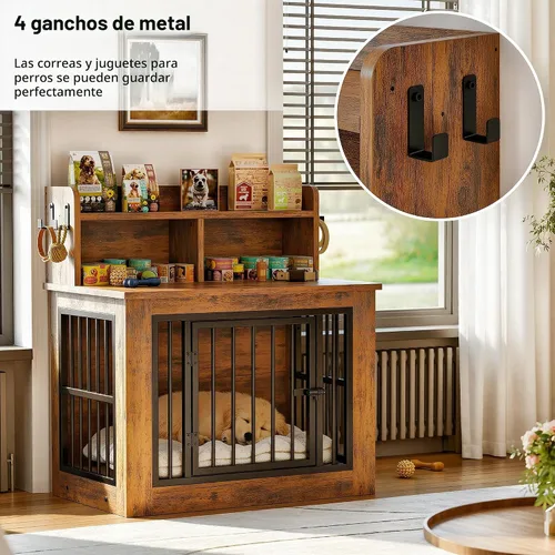 Vista 3 de IRONCK Mueble de jaula para perros, jaula de madera para perros pequeños de 33.4 pulgadas con almacenamiento y 4 ganchos, jaula resistente