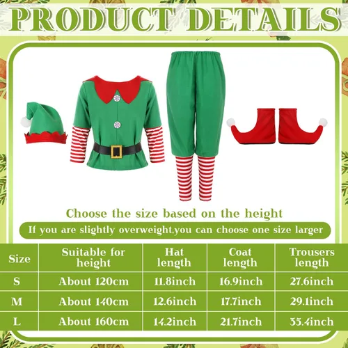 Vista 3 de Geyoga Disfraces de elfo de Navidad, lindos trajes que incluyen zapatos de elfo, sombrero y calcetines a rayas para niños y niños cosplay