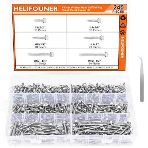 Vista 9 de HELIFOUNER Juego de 240 tornillos autoperforantes de cabeza avellanada #8 x1/2", 5/8", 3/4", 1", 1-1/4", 1-1/2" de cabeza avellanada, tornillos