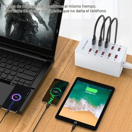 Vista 2 de Cargador USB de 10 puertos estación de carga para múltiples dispositivos, cargador de pared USB, tira de concentrador de alimentación, enchufe