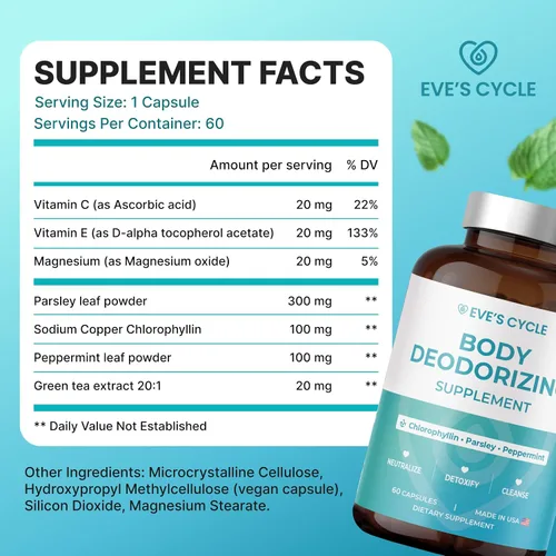 Vista 7 de Suplemento desodorizante corporal – Desodorante interno natural cápsulas de clorofila con perejil y menta – 60 pastillas veganas de 500 mg +