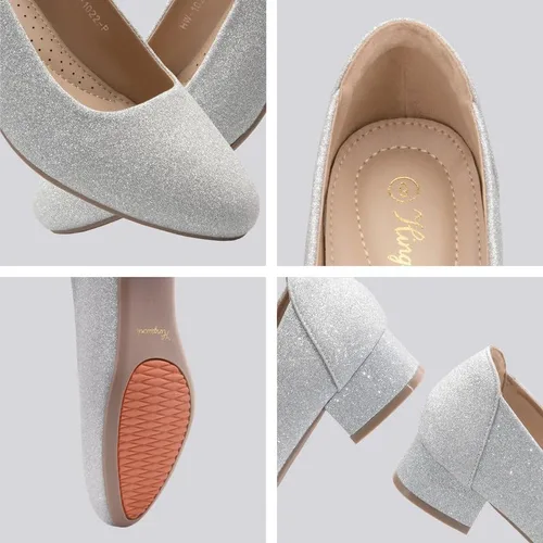 Vista 4 de Zapatos de tacón bajo para mujer, color negro, plateado y dorado, zapatos de vestir de tacón bajo, zapatos de tacón cerrado, tacones de bloque