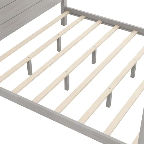 Vista 5 de Linique Cama de plataforma tamaño King con cabecera y patas de soporte, marco de cama King de madera con cuatro pósteres, no requiere somier, gris