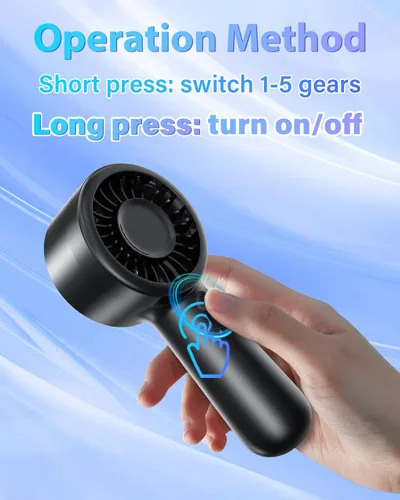 Vista 3 de Ventilador de mano portátil, pequeño ventilador de mano turbo personal, potente, refrescante, cordón, recargable por USB, 5 velocidades, maquillaje