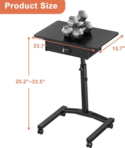 Vista 10 de Escritorio de computadora de altura ajustable con cajones, pequeño carrito de escritorio móvil para laptop con ruedas para espacios pequeños